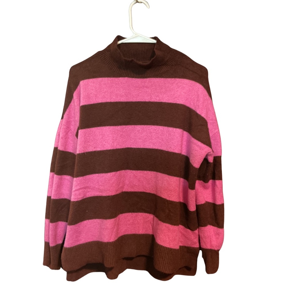 LOFT Brown and Pink Striped Cowl Neck Sweater